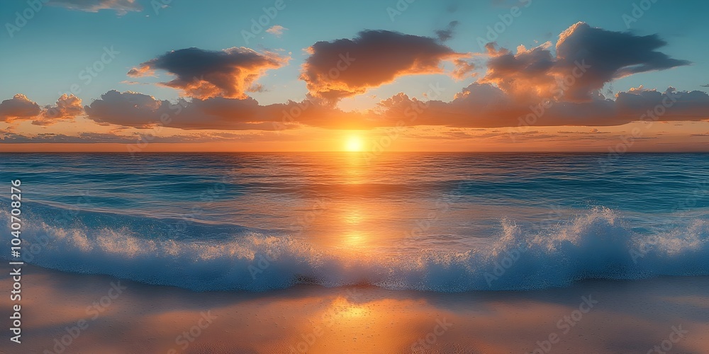 A serene sunset over the ocean, with vibrant colors of orange and blue reflecting on gentle waves under a sky dotted with fluffy clouds. A serene sunset over the ocean, with vibrant colors of orange and blue reflecting on gentle waves under a sky dotted with fluffy clouds.