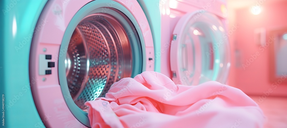 Obraz premium Brightly colored laundry machines with clothing in a modern laundromat during daytime hours