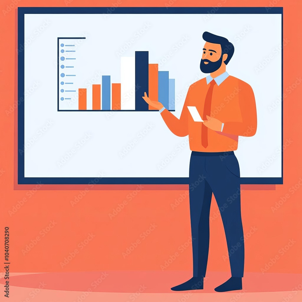 Startup founder standing in front of a large projection screen, presenting financial data to investors Startup founder standing in front of a large projection screen, presenting financial data to investors