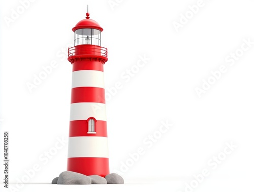 Red and white striped lighthouse on white isolated background.