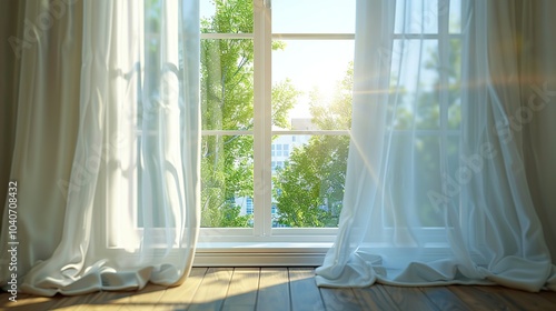 Sunlight streams through white curtains onto a wooden floor in a room with a window overlooking green trees.