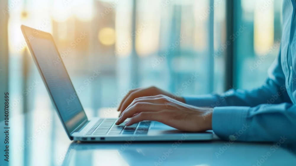 Fototapeta premium Startup founder traveling for a business meeting, working on a laptop at the airport