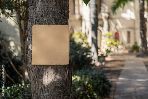 blank cardboard sign affixed to a tree in a neighborhood with room for text 