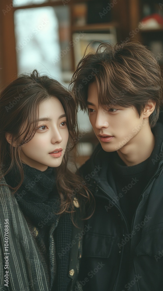 A young couple stands close together, sharing an intimate moment indoors. Their expressions convey affection as they enjoy a warm, cozy winter afternoon together