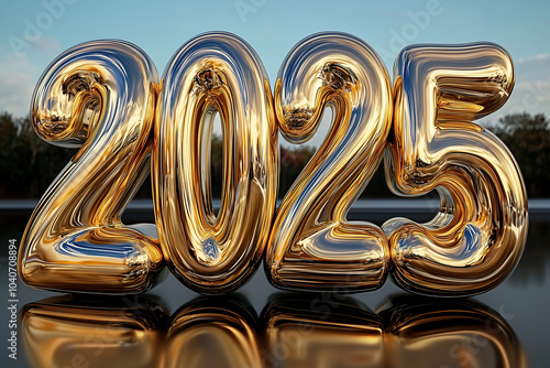 celebrate 2025 with golden foil balloons on a evening outside background, bokeh, new years eve, photorealistic