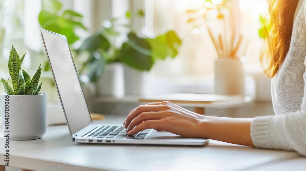 Startup founder working from home, typing on a laptop at a modern desk setup Startup founder working from home, typing on a laptop at a modern desk setup