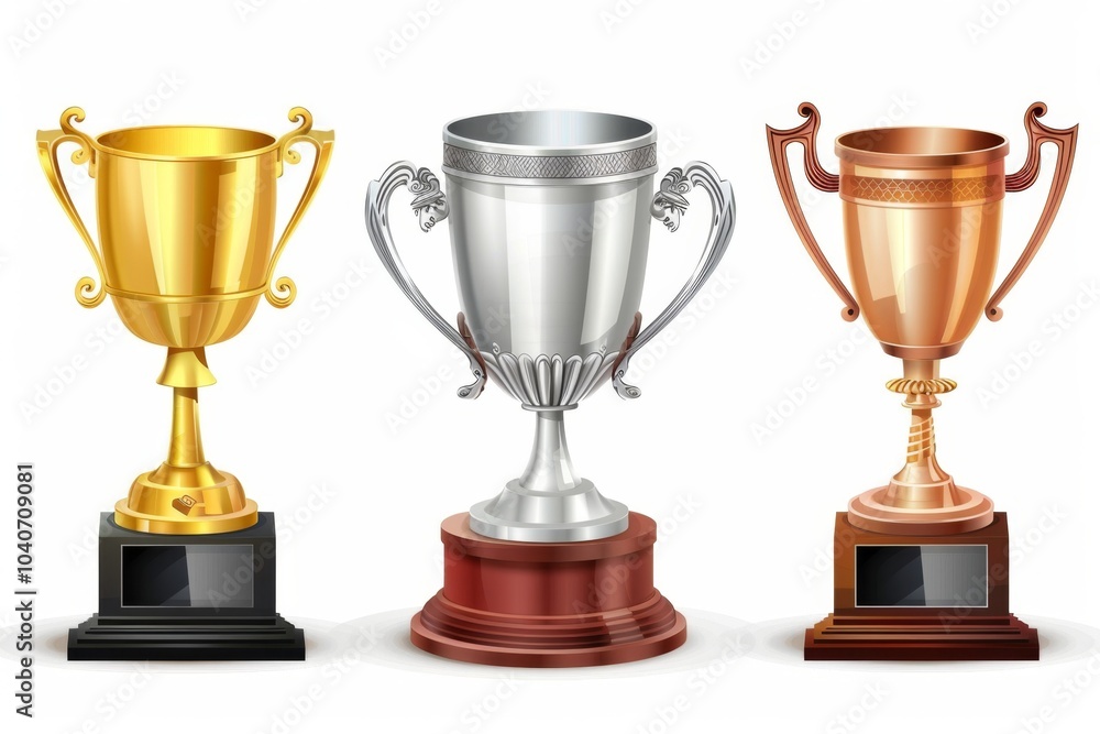 Trophy cups, golden goblet, silver reward, champion bowls. Contest winner award collection, prize cup Trophy cups, golden goblet, silver reward, champion bowls. Contest winner award collection, prize cup