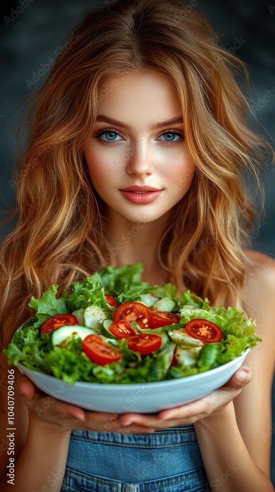 A young woman with long, wavy hair showcases a vibrant salad filled with fresh greens and cherry tomatoes in a cozy kitchen atmosphere. She beams with joy A young woman with long, wavy hair showcases a vibrant salad filled with fresh greens and cherry tomatoes in a cozy kitchen atmosphere. She beams with joy