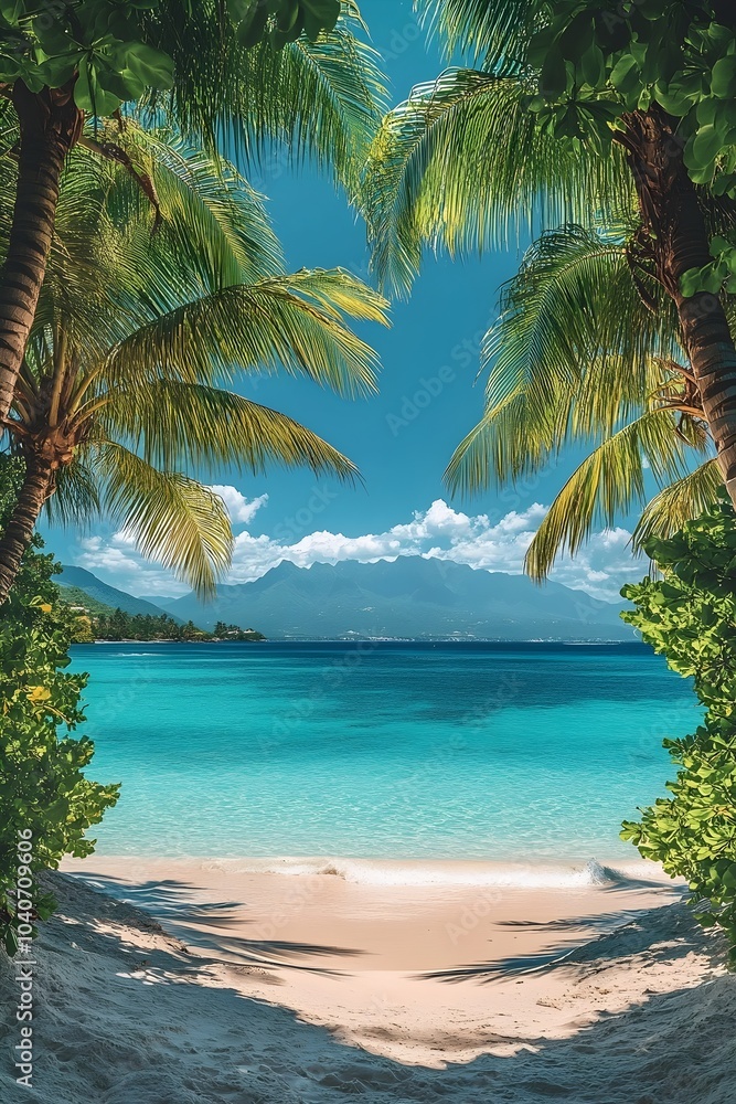 Fototapeta premium A tranquil tropical beach framed by lush palm trees, overlooking turquoise waters and distant mountains under a clear blue sky.