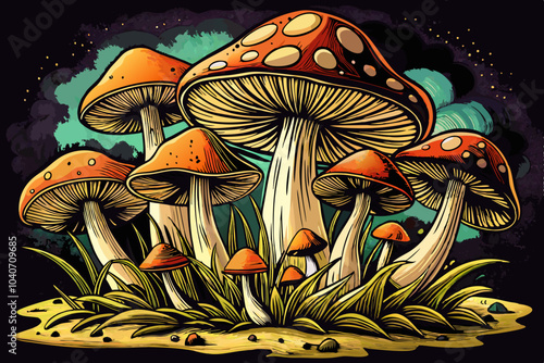 cap mushrooms vector illustration with grass, aesthetics hand drawn sketch