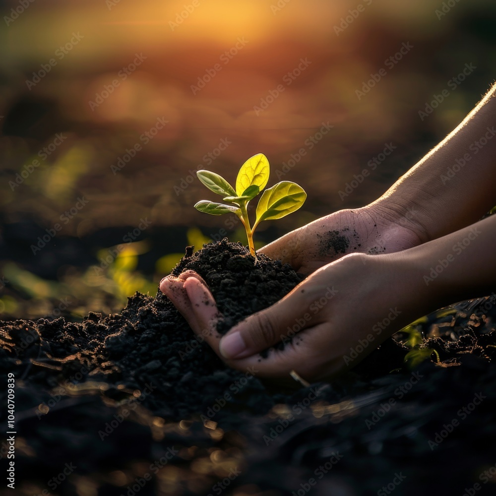 Fototapeta premium Two people holding young plant sprouting from soil, people hands cradle, growth and care plant