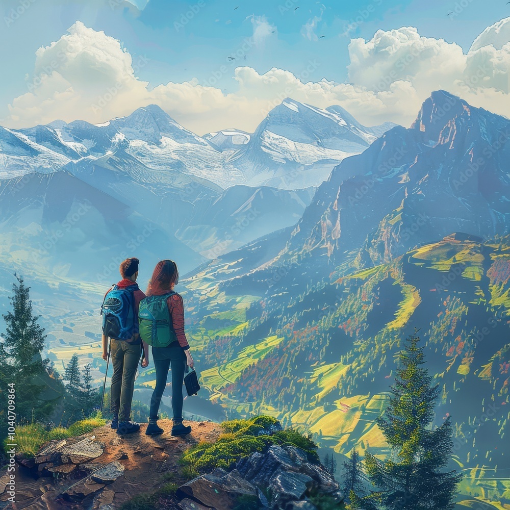 Obraz premium Two Tourists Look at Mountains, beautiful landscape