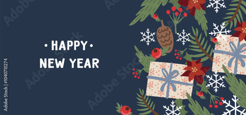 Editable Christmas banner template featuring gifts, snowflakes, berries, and poinsettias.