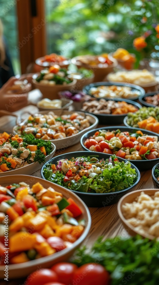 Various bowls filled with colorful salads and vegetables are displayed on a wooden table, inviting guests to enjoy the fresh summer feast in a lively setting Various bowls filled with colorful salads and vegetables are displayed on a wooden table, inviting guests to enjoy the fresh summer feast in a lively setting
