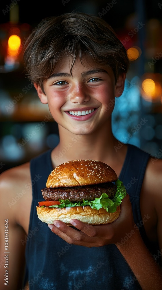 A young boy smiles brightly as he proudly presents a gourmet burger topped with vibrant lettuce and tomato, enjoying a summer evening at a local diner A young boy smiles brightly as he proudly presents a gourmet burger topped with vibrant lettuce and tomato, enjoying a summer evening at a local diner