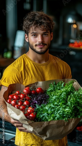 A young man stands in a warm kitchen, smiling as he holds a large basket overflowing with ripe tomatoes and vibrant green leafy vegetables, showcasing a harvest gathered that day