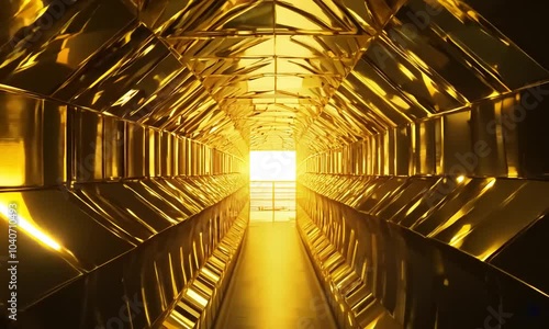 A golden tunnel with a bright light at the end. The camera moves slowly down the tunnel, creating a sense of anticipation and mystery. The light at the end is blindingly bright. photo