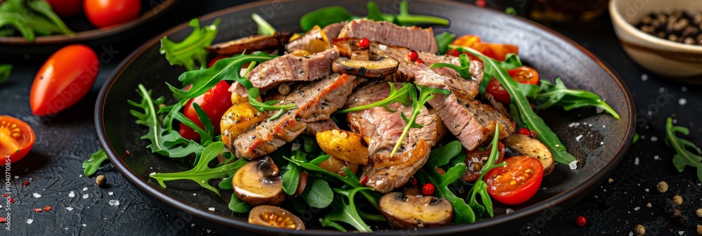 Veal and porcini salad. Warm salat with mushrooms in cream sauce, roasted meat beef fillet, cherry Veal and porcini salad. Warm salat with mushrooms in cream sauce, roasted meat beef fillet, cherry