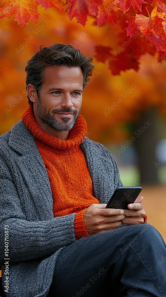 With vibrant autumn leaves surrounding him, a man relaxes outdoors in a comfortable sweater, intently using his smartphone on a pleasant day With vibrant autumn leaves surrounding him, a man relaxes outdoors in a comfortable sweater, intently using his smartphone on a pleasant day
