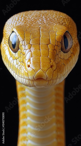 A close-up view of a golden snake reveals its smooth scales and distinct facial features. The creature's mesmerizing eyes are set against a deep black background, highlighting its vibrant color photo