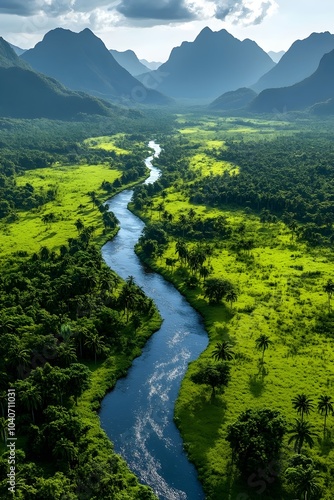 Scenic aerial view of a winding river flowing through a lush, vibrant green valley surrounded by majestic mountains under a partly cloudy sky.