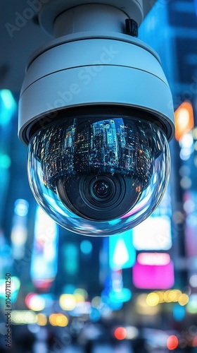 A surveillance camera hangs in Times Square, showing a reflection of illuminated buildings and colorful advertisements, highlighting the energetic nightlife photo