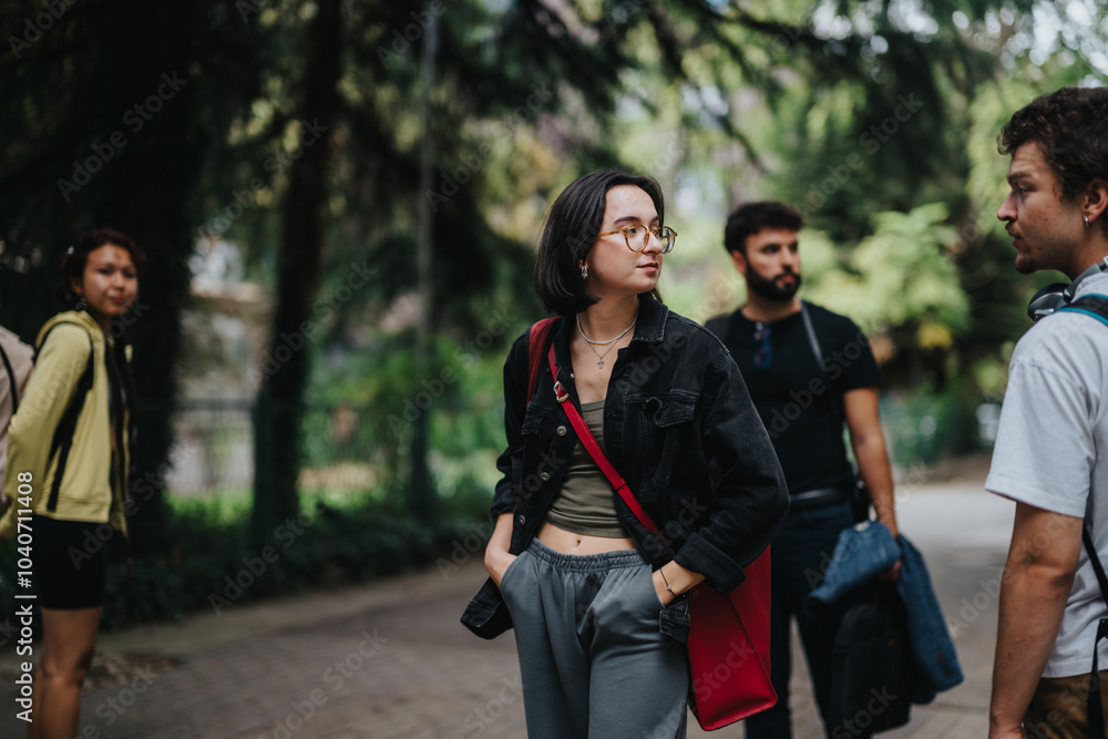 A group of young students engage in a lively discussion with their professor outdoors. They are casually dressed and surrounded by a lush, green park environment, embodying a relaxed and open learning A group of young students engage in a lively discussion with their professor outdoors. They are casually dressed and surrounded by a lush, green park environment, embodying a relaxed and open learning