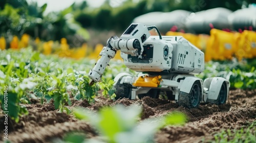 Automated farming robots planting crops in a smart agriculture system with AI assistance