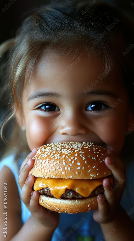 A cheerful young child with bright eyes eagerly holds a big cheeseburger topped with cheese, showcasing pure delight during a snack break indoors A cheerful young child with bright eyes eagerly holds a big cheeseburger topped with cheese, showcasing pure delight during a snack break indoors