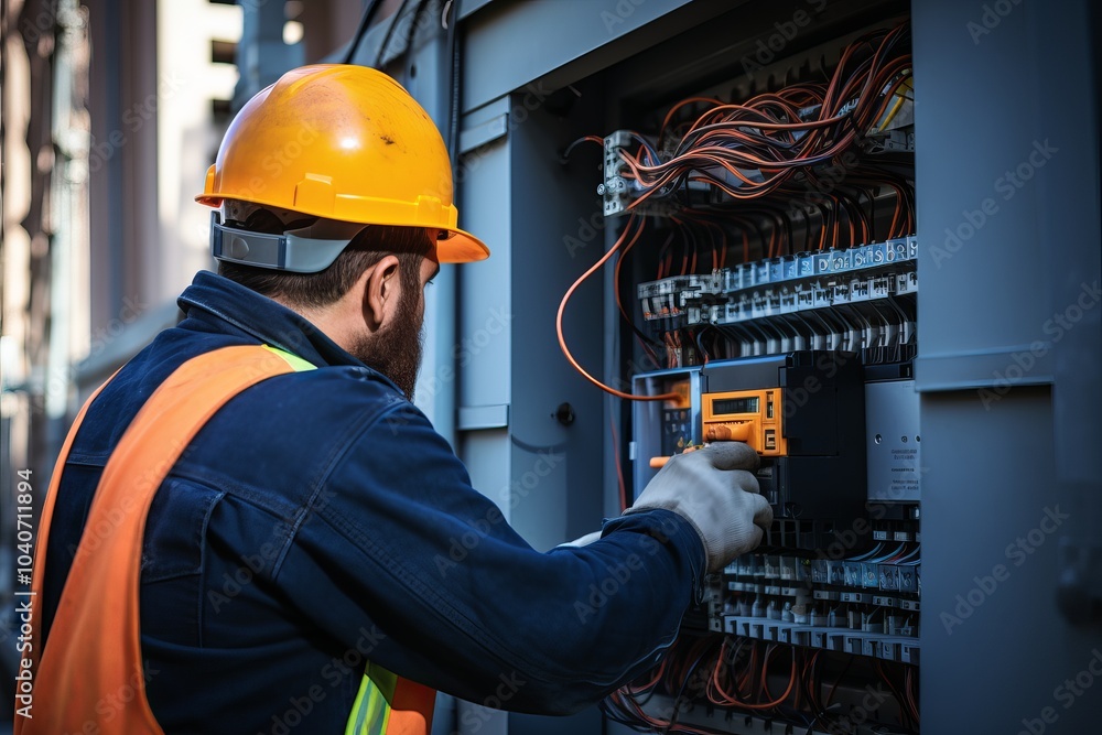 Electrician working on a control panel during a sunny afternoon in an urban setting Electrician working on a control panel during a sunny afternoon in an urban setting