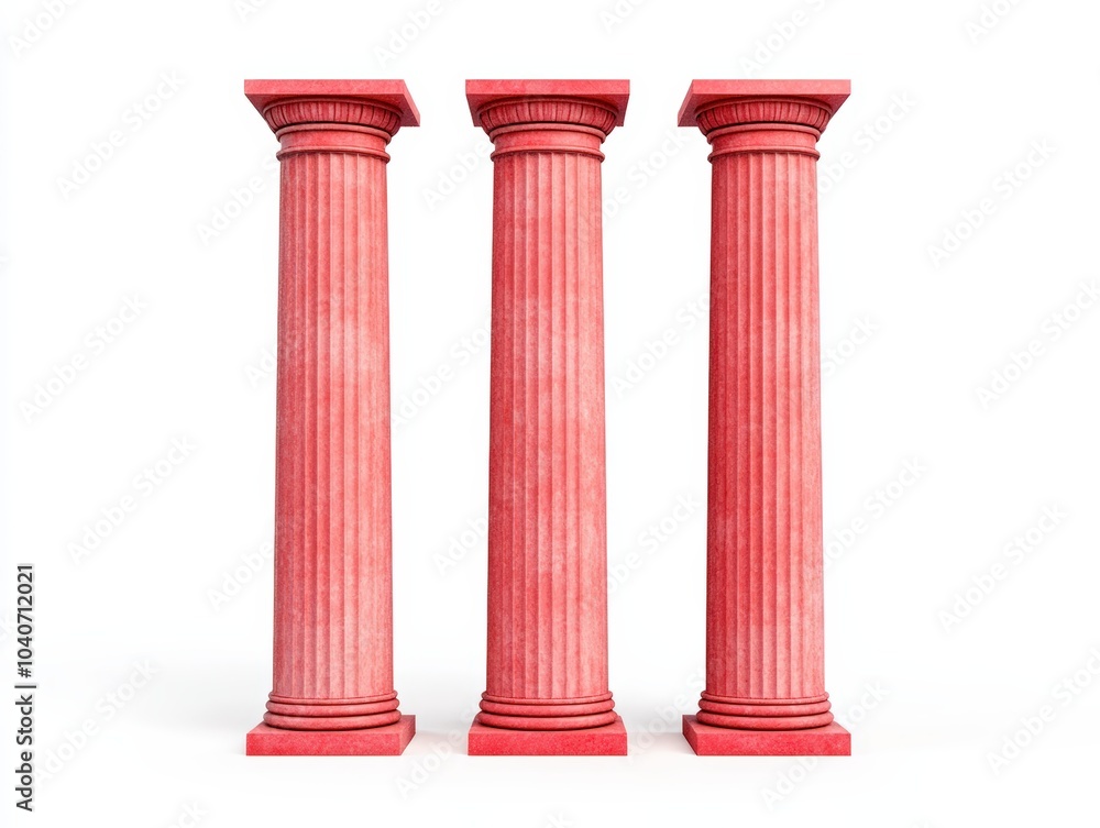 Three classical columns in red, isolated on a white background. Three classical columns in red, isolated on a white background.