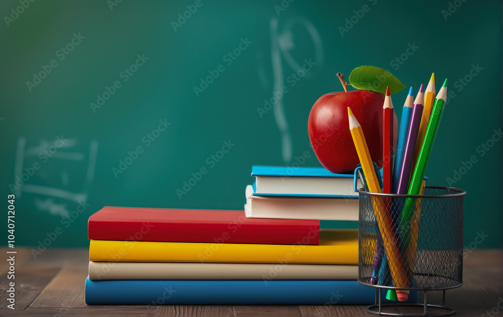 Back to school. Stack of textbooks, pencils and an apple - a symbol of knowledge, on a classroom table, against a background of a green chalk board. School lessons. Back to school. Stack of textbooks, pencils and an apple - a symbol of knowledge, on a classroom table, against a background of a green chalk board. School lessons.