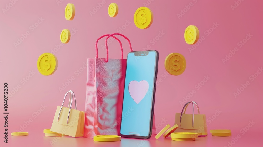 Pink shopping bags and a smartphone with a heart on the screen surrounded by gold coins on a pink background. Pink shopping bags and a smartphone with a heart on the screen surrounded by gold coins on a pink background.