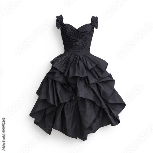 Elegant black dress with ruffled design on a white background.