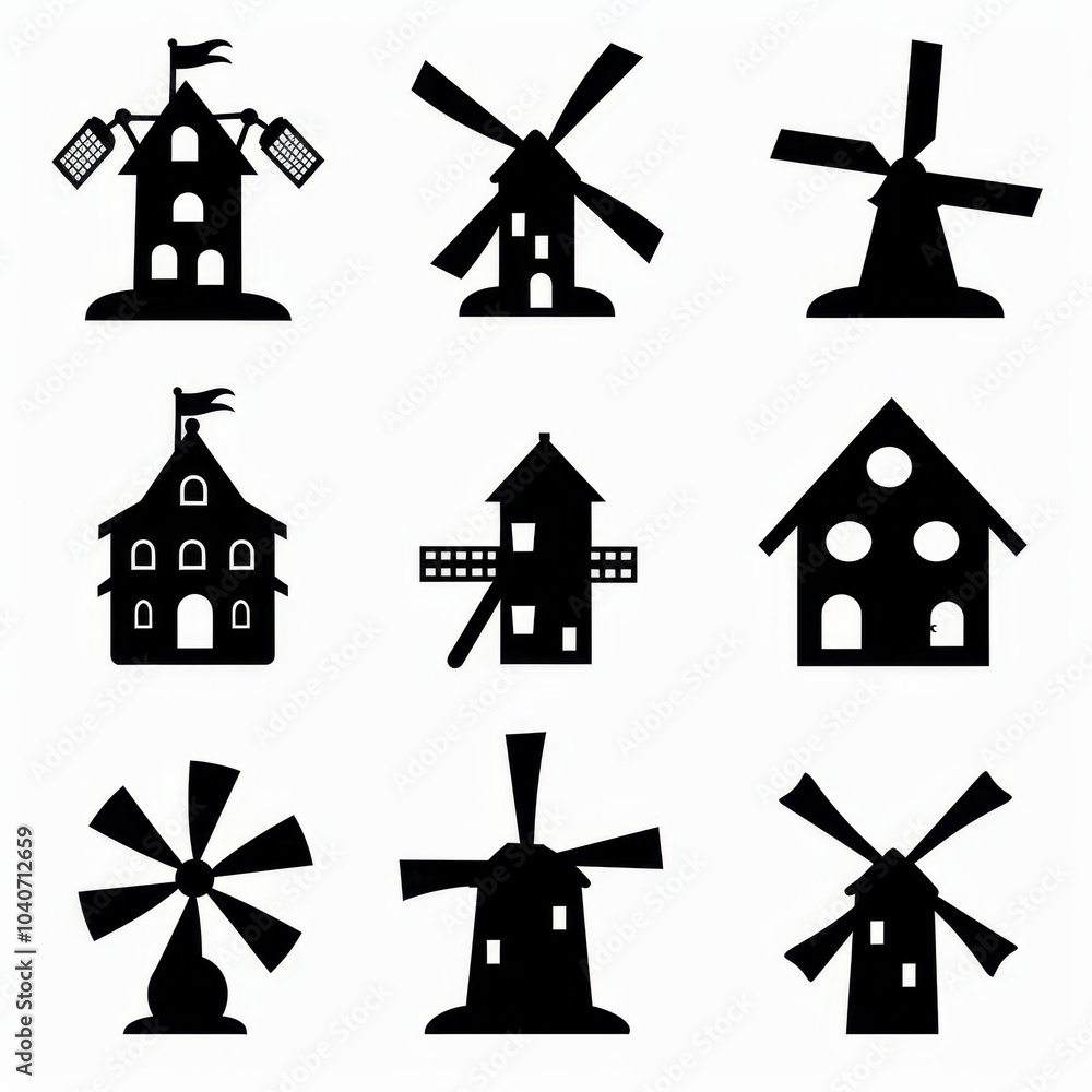 Windmill mill icon, rural countryside mill symbol, wind mill building emblem on white background Windmill mill icon, rural countryside mill symbol, wind mill building emblem on white background