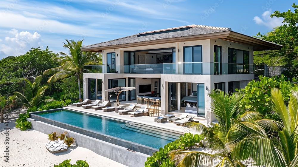 Fototapeta premium Amazing modern house with huge infinity pool and tropical garden.