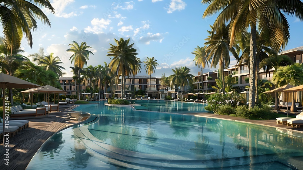 Fototapeta premium This is a beautiful image of a tropical resort. There are palm trees, a swimming pool, and a few lounge chairs.
