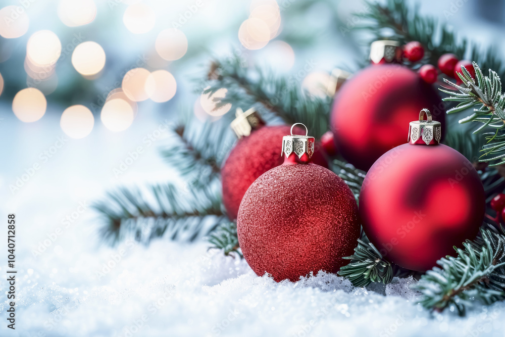 Festive Christmas ornaments and decorations amidst snowy backdrop during holiday season sale event Festive Christmas ornaments and decorations amidst snowy backdrop during holiday season sale event