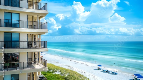 Amazing view of the beach from a condo balcony. The beach is white and sandy, and the water is a beautiful blue-green color.