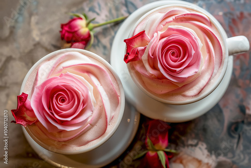 Two beautifully crafted rose lattes on a wooden table in a cozy coffeeshop during the afternoon