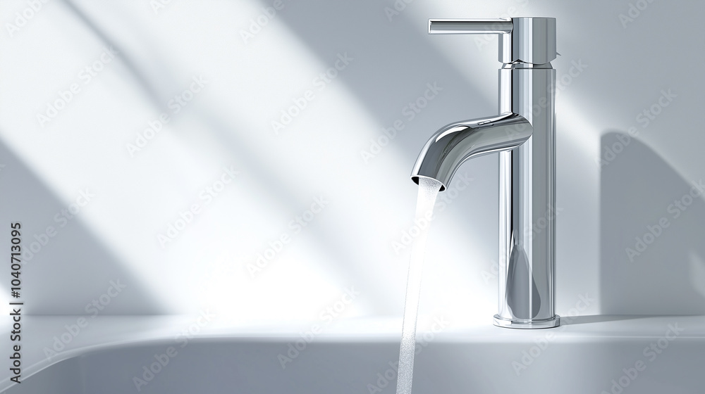Simple Scene of a Minimalist Bathroom Faucet with a Waterfall Spout, Clean White Background, Generative AI Simple Scene of a Minimalist Bathroom Faucet with a Waterfall Spout, Clean White Background, Generative AI
