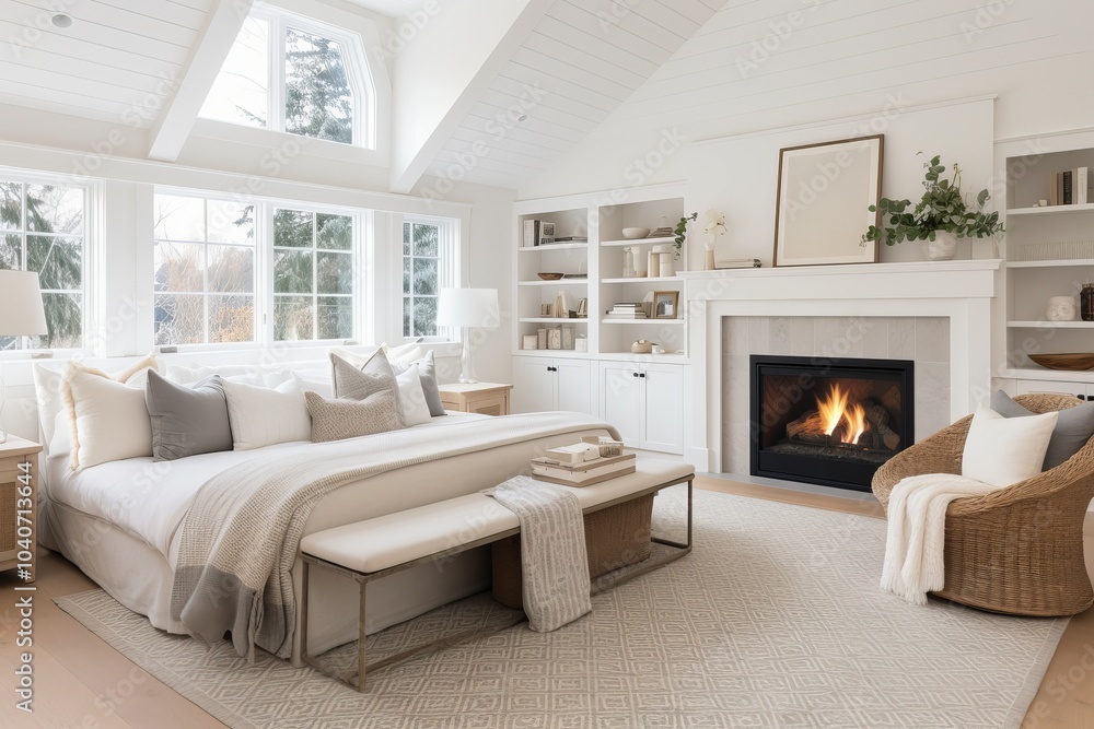 Cozy modern bedroom with a fireplace and large windows, designed for relaxation and comfort Cozy modern bedroom with a fireplace and large windows, designed for relaxation and comfort