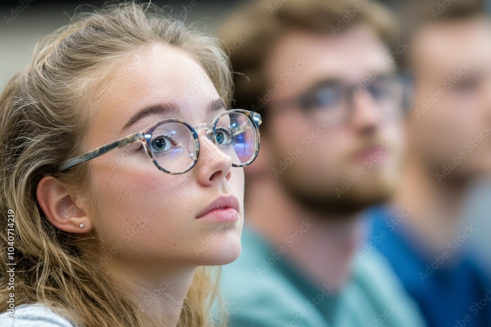 A girl with glasses is looking at something A girl with glasses is looking at something