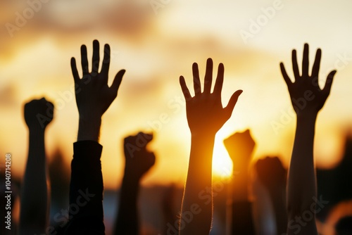 A group of people are raising their hands in the air