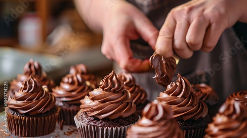 A close-up image of a person's hands frosting chocolate cupcakes with a piping bag. The background is blurred, and the cupcakes are in focus. photo