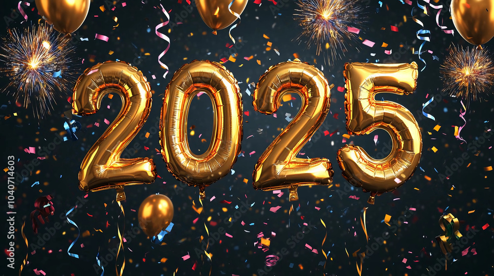 New Year 2025 celebration concept in gold foil ballons shapes with golden ballons, firecrackers, and colorful confetti around it on a dark background