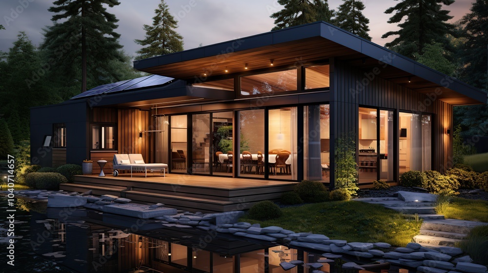Modern wooden house with large windows, a deck, and a pond at dusk. Modern wooden house with large windows, a deck, and a pond at dusk.