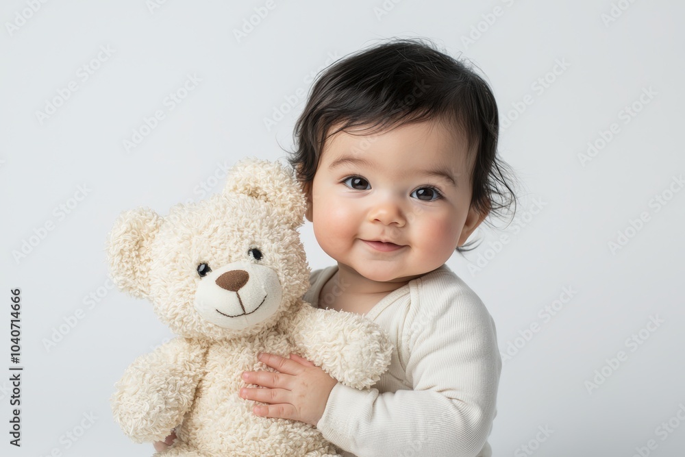 Smiling baby hugging a plush teddy bear against a white background Smiling baby hugging a plush teddy bear against a white background
