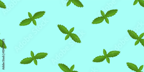 Fresh mint leaves on blue background, seamless pattern, vector