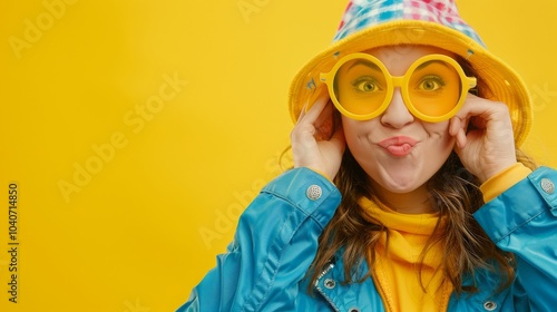 A young woman with brown hair makes a funny face while wearing bright yellow sunglasses and a blue jacket.